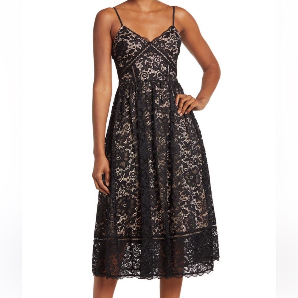 NWT NSR Lacy Crochet Stretch Lace Midi Dress Black with Nude Underlay, Size XL